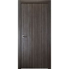 a wooden door with a metal handle on the front and side panel, against a white background