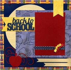 the back to school scrapbook cover has an apple and ribbon on it's corner