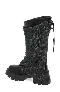 Crystal chainmail drapes across this statement boot, adding edgy glamour to the lug-soled style. 1 1/4" heel (size 8.5) 12" shaft; 15 3/4" calf circumference Lace-up style Synthetic upper, lining and sole Imported Asian Owned/Founded Ankle-high Platform Boots With Metal Feet For Winter, Luxury Ankle-high Lace-up Boots With Lug Sole, Azalea Wang Boots, Ankle-high Leather Boots With Rhinestones, Black Crystal-embellished Boots For Night Out, Azalea Wang, Chain Mail, Nordstrom Store, Black Fits