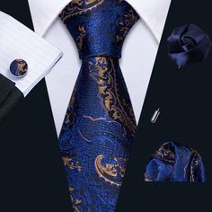 Mens Wedding Tie Navy Blue Golden Paisley 8.5CM Necktie Pocket Square – BarryWang Mens Wedding Ties, Pocket Square Size, Men Tie, Necktie Set, Wedding Tie, Mens Silk Ties, Ties For Men, Cufflink Set, Wedding Ties