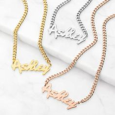 Delight someone special with this stylish name necklace! Part of our Urban Vibes Collection, this necklace features a name in fancy script providing a more feminine style than some of our other fonts. Nameplate hangs from an 18" curb chain with included 3" extender for a perfect fit with all of her looks. Pair with our matching bracelet to create a stunning ensemble! Available in warm Gold, cool Silver or rosy Rose Gold. Personalization cannot contain any special characters, emojis or shapes. Si Fancy Script, Stylish Name, Name Necklaces, Matching Bracelet, Personalized Gifts For Her, Custom Name Necklace, Necklace Personalized, February Birth Stone, Matching Bracelets