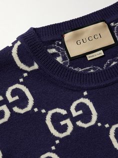 There'll be no doubting your allegiance to the house of Gucci when you wear this sweater. It's been made in Italy from wool and jacquard-knitted all-over with the iconic 'GG' motif. Luxury Long Sleeve Jacquard Knit Sweater, Luxury Gucci Jacquard Knit Sweater, Luxury Jacquard Knit Sweater For Fall, Designer Wool Sweater With Crew Neck, Designer Wool Crew Neck Sweater, Gucci Wool Crew Neck Sweater, Casual Gucci Wool Sweater, Designer Gucci Fall Sweater, Logo Pattern Long Sleeve Sweater For Fall