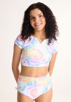 Older Girls Tie Dye Top & Shorts Bikini Girls Tie, Set Outfit, On The Edge, Shirt Accessories, Girl Top, Jumpers And Cardigans, The Edge, Playsuit Jumpsuit, Tie Dye Top