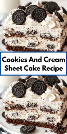 two pictures of cookies and cream sheet cake with oreo cookies on the top one