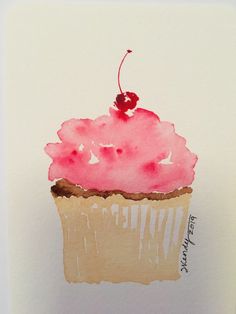 a watercolor painting of a cupcake with pink icing and a cherry on top