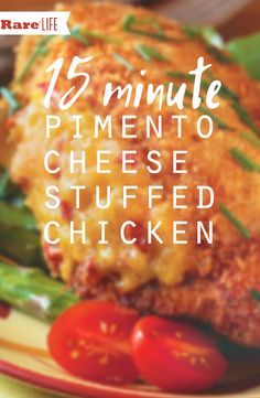 a plate with some food on it and the words 15 minute pimentoo cheese stuffed chicken