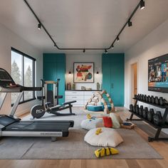 an exercise room with treadmills, yoga mats and other personal items in it