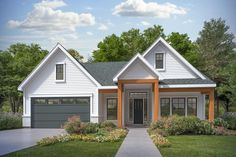 this is an artist's rendering of a house in the country style with two garages