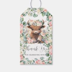 a thank card with an image of a cow and flowers