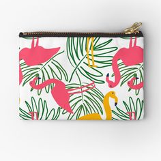 pink flamingos and palm leaves on white background zippered pouch