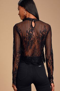 Lulus Exclusive! The Lulus Tempt Me Black Sheer Lace Long Sleeve Crop Top is a date night must-have! Sheer eyelash lace, covered in stripes and a floral design, forms a high neckline, long fitted sleeves, and a darted bodice with a cropped, scalloped hem. This ultra-sultry number is perfect for showing off your favorite bralette or layering under a sexy slip dress! Bralette not included. Fit: This garment fits true to size. Length: Size small measures 19.5" from shoulder to hem. Bust: Great for Spring Tops With Scalloped Lace For Night Out, Elegant Fitted Top With Lace Closure, Elegant Fitted Tops With Lace Closure, Fall Date Night Tops With Lace Trim, Spring Party Blouse With Scalloped Lace, Elegant Lace Tops With Lace Closure, Spring Evening Lace Tops, Elegant Spring Lace Top, Spring Party Tops With Scalloped Lace