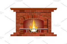 a brick fireplace with a burning fire in the center on a white background, flat style