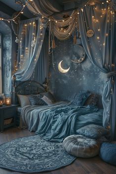 a bedroom with blue walls and lights hanging from the ceiling, curtains over the bed