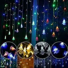 christmas lights are hanging from the ceiling and decorated with snowflakes, trees, and stars