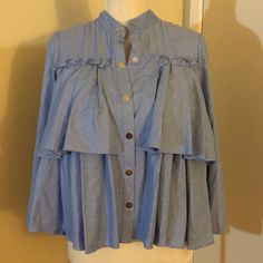 Nwt Zara Women Blue Ruffled Jacket With Mandarin Collar And Zipped Cuffs/Size Xs Spring Long Sleeve Outerwear With Ruffles, Chic Cotton Outerwear With Ruffles, Fall Ruffled Button-up Outerwear, Blue Ruffled Outerwear For Spring, Blue Long Sleeve Outerwear With Ruffles, Zara Light Blue Ruffled Tops, Light Blue Ruffled Zara Top, Light Blue Ruffled Top By Zara, Blue Ruffled Tops For Fall