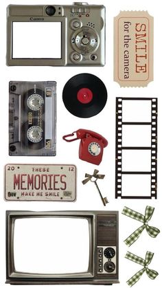 an assortment of old fashioned items including a tv, tape recorder, and other things