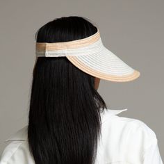 Ivory vented hemp roll-up packable visor with camel vented hemp brim edge. CROWN 2" / BRIM 6" SKU: 21177-06224WE White Visor Straw Hat For Spring, White Curved Brim Visor With Uv Protection, Spring White Visor Straw Hat, Spring White Straw Visor Hat, White Brimmed Visor With Uv Protection, Cream Visor Hat For Spring, White Outdoor Visor For Spring, Cream Brimmed Straw Hat For Outdoor, White Visor Hat For Travel