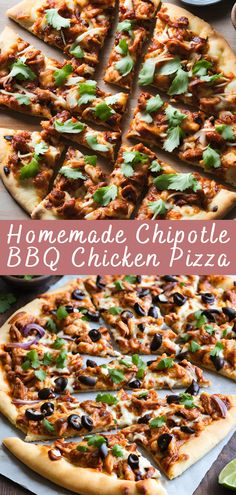 the homemade chipotle bbq chicken pizza is cut into eight pieces and ready to be eaten