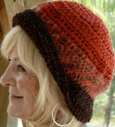 Brown Hat Orange Winter Woman Original Crochet by hatsbyanne1942, $42.00 Red Knitted Hat For Fall, Hand Knitted Adjustable Hat For Fall, Orange Wide Brim Hat For Winter, Orange Wide Brim Winter Hat, Red Crochet Wide Brim Hat, Warm Crochet Hat For Fall, Red Wide Brim Crochet Hat, Brown Cloche Cap For Fall, Orange Brimmed Hat For Fall