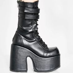 Description Cuz They Don't Know How Powerful You Are Babe. Strut Away In Secrecy With These Sikk Platform Boots That Have Block Heels, Lace Ups On The Front, Double Hook N' Loop Velcro Straps, And Back Zipper Closures. Materials Vegan Leather Heel Height 5" Heel Platform Height 2.75" Platform Punk Style Synthetic Boots With Round Toe, Edgy Closed Toe Platform Boots With Chunky Platform, Edgy Chunky Platform Boots With Closed Toe, Edgy Closed Toe Chunky Platform Boots, Party Platform High Ankle Combat Boots, Platform High Ankle Combat Boots For Party, High Ankle Platform Combat Boots For Party, Party Combat Boots With Platform And High Ankle, Platform Heeled Boots With Round Toe For Streetwear