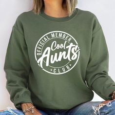 "Aunt Sweatshirt, Cool Aunts Club Sweatshirt, Aunt Gift, Aunt Birthday Gift, Sister Gifts, Auntie Sweatshirt, Aunt Sweatshirt, Cool Aunt Thank you so much for taking the time to browse my shop. Please feel free to reach out if you have any questions before or after purchasing.  💖 🎨Warning: On products with a print chart in the listing, metallic print colors are printed as matte.✨✌ We design and cut each graphic out with a soft touch, use matte vinyl and a heat press. The result will last for m Casual Graphic Print Sweatshirt For Birthday, Casual Birthday Sweatshirt With Lettering, Casual Sweatshirt With Lettering For Birthday, Winter Birthday T-shirt With Letter Print, Birthday Long Sleeve Tops With Lettering, Birthday Tops With Lettering And Long Sleeves, Winter Birthday Tops With Graphic Print, Winter Birthday Top With Graphic Print, Casual Cotton Sweatshirt For Birthday