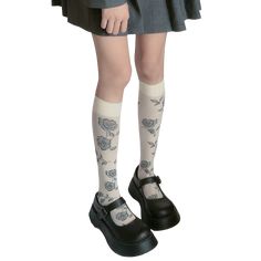 Material: nylon Casual Mid-calf Stockings For Spring, Casual Mid-calf Hosiery For Spring, Casual Mid-calf Spring Hosiery, Black Casual Stockings For Spring, Casual Black Stockings For Spring, Spring Casual Mid-calf Stockings, Fitted Harajuku Knee-high Socks For Cosplay, White Harajuku Knee-high Socks, Egirl Soft