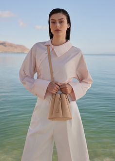 Polène | Bag - N°8 Mini - Beige Chic Leather Strap Shoulder Bag For Work, Chic Beige Bag With Leather Strap, Number Eight, Summer Uniform, Knot Dress, Summer 24, Work Clothes, Flower Shape, Beige Color