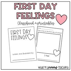 the first day feelings book printables are shown in pink and black with hearts