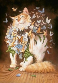 a painting of a cat with butterflies on it's back and its head in the air