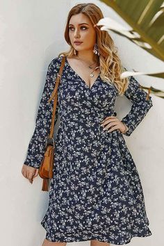 Casual Plus Size floral Dress Fall Ditsy Floral Print Dress, Chic Ditsy Floral Print Dress For Fall, Long Sleeve Ditsy Floral Dress For Spring, Blue V-neck Floral Dress For Spring, Blue Floral V-neck Dress For Spring, Casual Long Sleeve Ditsy Floral Dress, Chic Floral Dress For Fall, Casual Floral Print Dress For Fall, Fall Floral Dress With Ditsy Floral Print