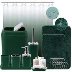 green bathroom accessories including soap dispenser, toothbrush holder and other items