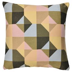 a multicolored pillow with an abstract design on the front and back, in various colors