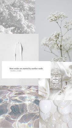 white flowers and balloons are featured in this collage