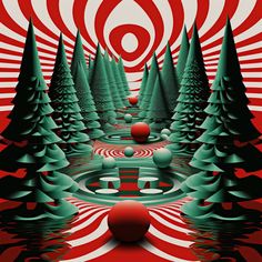 an abstract painting with trees and balls in the foreground, surrounded by red and green circles