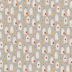 a gray background with white ghost and pumpkins on the front, in different colors