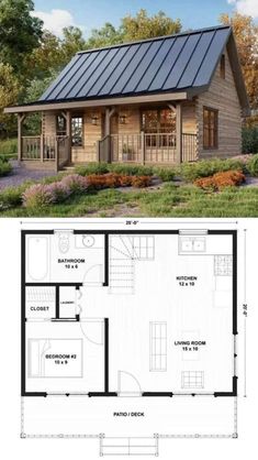 a small cabin is shown with the floor plan