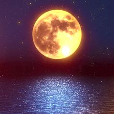 a full moon rising over the ocean with stars in the sky and water below it