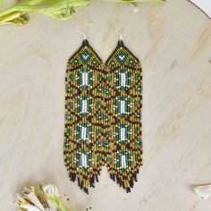 Golden Tapestry beaded fringe Earrings green brown white gold native american jewelry Mother Sierra Castle Halls, Ancient Castle, Beaded Dog Collar, Beaded Fringe Earrings, Textile Bag, Ocean Colors, Leather Art, Handmade Textiles, Beaded Purses