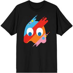 Go retro with this Pac-Man tee. The shirt features Blinky, Inky, Pinky, and Clyde merged together to form a red, orange, blue, and pink ghost. The tee comes in a black short sleeve crew neck. Celebrate the classic arcade games with this Pac-Man t-shirt. Pacman Ghost, Pink Ghost, Fusion Art, Graphic Tshirt Design, Sleeve Packaging, Pac Man, Pattern Graphic, Arcade Games, Pink Background