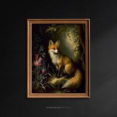 a painting of a fox in a forest