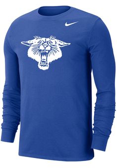 Show off your team pride in this Kentucky Wildcats Blue Dri-FIT Vintage Logo Long Sleeve T Shirt! This Kentucky Long Sleeve Tee features a screen print of vintage Wildcat logo on front chest. Make sure everyone knows you root for the Wildcats with this Blue Kentucky T Shirt. Go Big Blue! Dri-FIT moisture-wicking technology, Classic fit, Crew neckline, Screen printed team graphic on left chest, Team graphic down right sleeve, Iconic Nike swoosh below team graphic, 57% COTTON / 43% POL Blue Tops With Screen Print For Fan Gear, Blue Fan Apparel Top With Team Logo, Blue Sports Fan Tops For College, Sports Fan Crew Neck Top With Mascot, Casual Sports Tops With Mascot, Team Spirit Tops With Mascot In Team Colors, Crew Neck Mascot Top For Fan Gear, Fan Apparel Crew Neck Top With Mascot, Mascot Crew Neck Top For Fan Gear