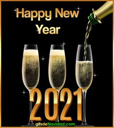 three champagne glasses filled with champagne being poured into each other and the words happy new year 2021