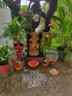 there are many potted plants on the ground in front of a tree and buddha statue