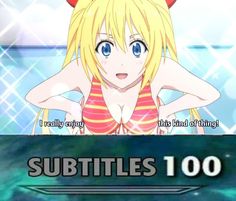 an anime character with blue eyes and blonde hair in front of a sign that says subtiles 100