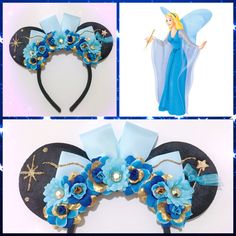 the ears are decorated with blue flowers and gold accents, along with an image of a fairy