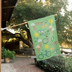 a blue banner hanging from a clothes line