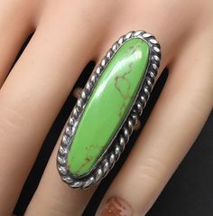 Beautiful Vintage Southwest Navajo Sterling Silver Long Slab Green Turquoise Ring Size 8.5 Good Pre/Owned Condition No Marked but acid test positive for 925 sterling silver. Western Green Turquoise Ring In Sterling Silver, Handmade Green Turquoise Western Ring, Vintage Navajo, Green Turquoise, Turquoise Ring, Statement Rings, Gemstone Rings, Ring Size, 925 Sterling Silver