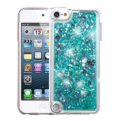 an iphone case with blue and green glitters on the front, sitting next to it