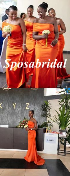 two different pictures of women in orange dresses and one is wearing an orange bridesmaid dress