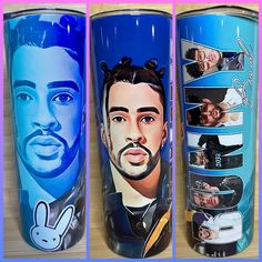 three travel mugs with pictures of people on them and the same one in different colors